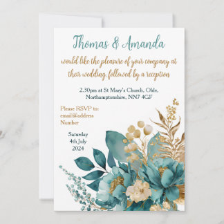 Elegante Hochzeit Aquamarin & Gold Einladung