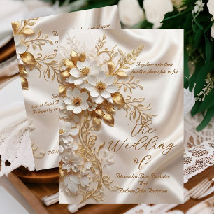 Elegante Hochzeit Beige Weiß Gold Florale Seide Einladung