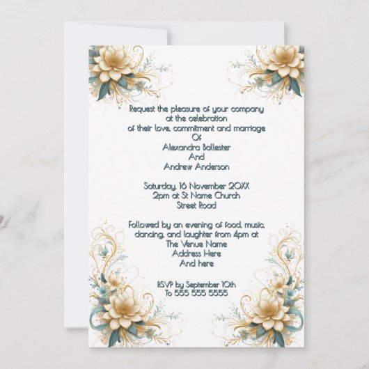 Elegante Hochzeit Blautönen Weiße Blume Einladung (Rückseite)