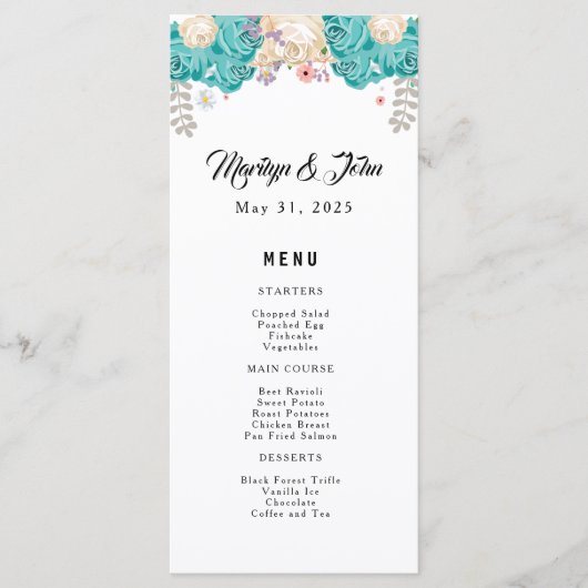 Elegante Hochzeit Blautönen Weiße Blume Menükarte (Vorderseite)