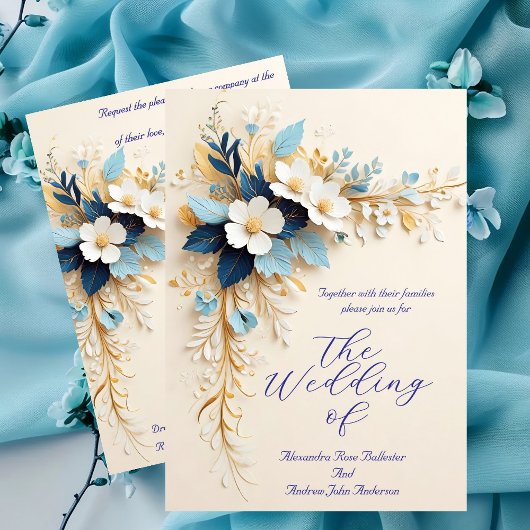 Elegante Hochzeit Blue White Cream Gold Blume Einladung