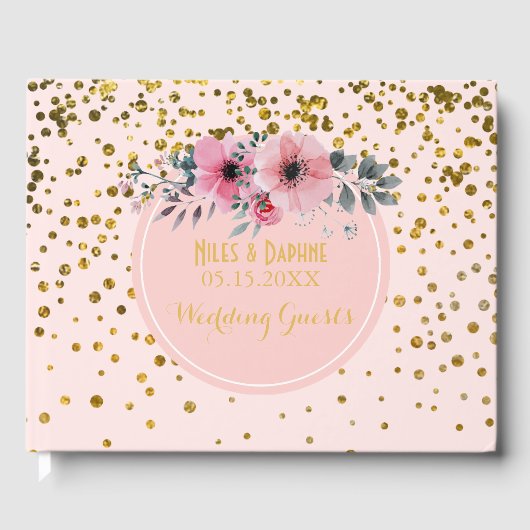 Elegante Hochzeit | Blush Pink Floral Gold Confett Gästebuch (Vorderseite)