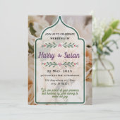 Elegante Hochzeit, Bouquet von Blume, grüner Rahme Einladung (Stehend Vorderseite)