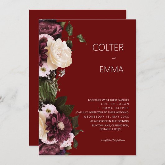 Elegante Hochzeit Burgund & Weiße Flora Einladung (Vorne/Hinten)
