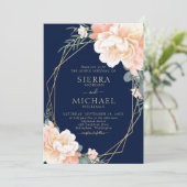 Elegante Hochzeit der Blauen Blüte Gold Peach Flor Einladung (Stehend Vorderseite)