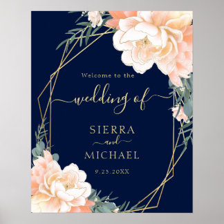 Elegante Hochzeit der Blauen Blüte Gold Peach Flor Poster