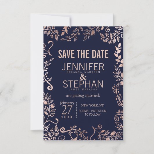 Elegante Hochzeit der Blue Rose Gold Floral Save The Date (Vorderseite)