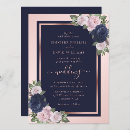 Elegante Hochzeit der Blütenblume Rose Gold Floral Einladung (Vorne/Hinten)