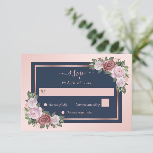 Elegante Hochzeit der Blütenblume Rose Gold Floral RSVP Karte (Stehend Vorderseite)