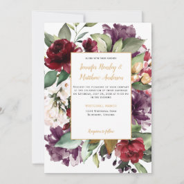 Elegante Hochzeit der Lila Roten-Gold-Flora Einladung