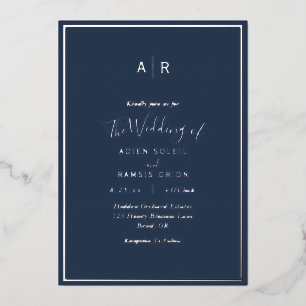 Elegante Hochzeit der modernen Navy-Silver-Monogra Folieneinladung