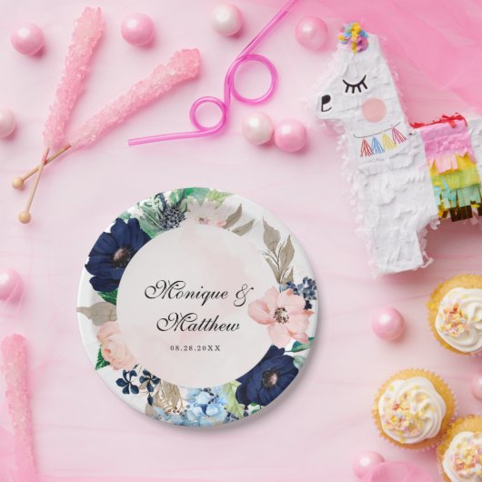 Elegante Hochzeit der Navy und Rosa Florals Pappteller (Party)