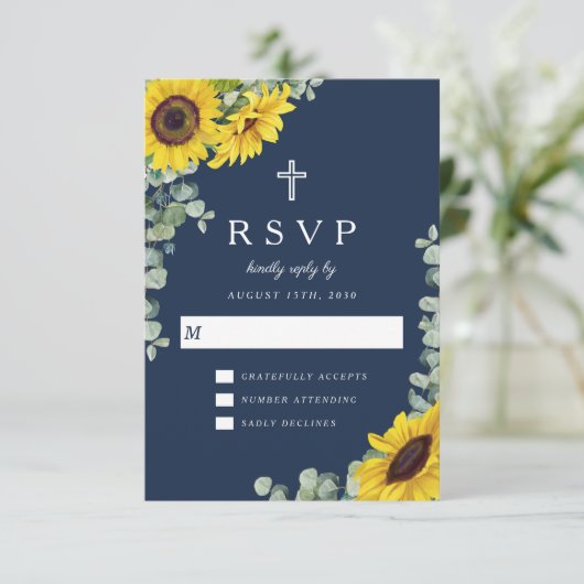 Elegante Hochzeit der religiösen Navy mit blauen S RSVP Karte (Stehend Vorderseite)