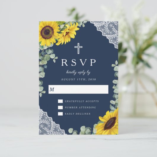 Elegante Hochzeit der religiösen Navy mit blauen S RSVP Karte (Stehend Vorderseite)