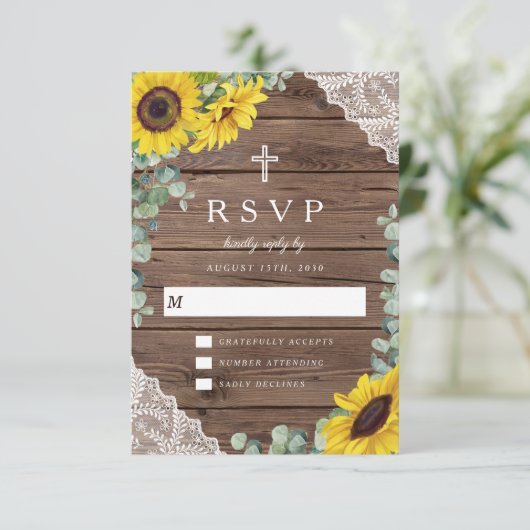 Elegante Hochzeit der religiösen Sonnenblumen RSVP Karte (Stehend Vorderseite)