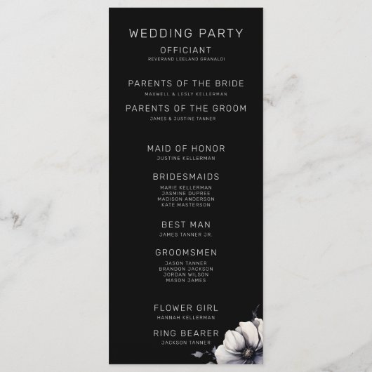 Elegante Hochzeit der Schwarzen Flora Programm (Rückseite)