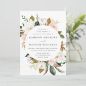 Elegante Hochzeit der Weißen Magnolien und Blush Einladung (Stehend Vorderseite)