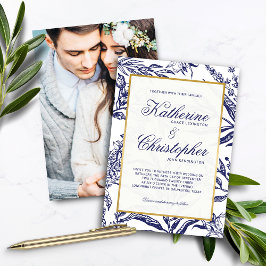 Elegante Hochzeit des Blue Gold Botanical Foto Einladung