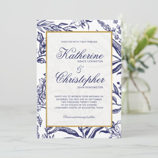 Elegante Hochzeit des Blue Gold Botanical Foto Einladung (Stehend Vorderseite)