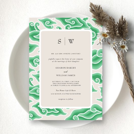 Elegante Hochzeit des Green Ocean Waves Monogram Einladung