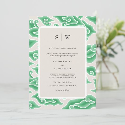 Elegante Hochzeit des Green Ocean Waves Monogram Einladung (Stehend Vorderseite)