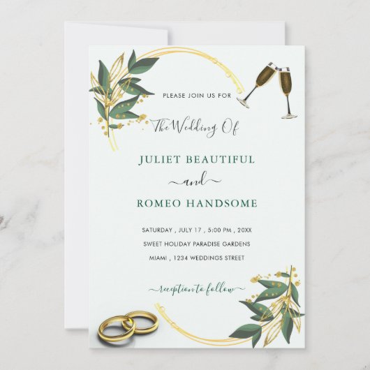 Elegante Hochzeit Einladung Gold Blätter Rings Toa (Vorderseite)