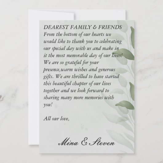 Elegante Hochzeit Eukalyptus Aquarell Dankeskarte (Rückseite)