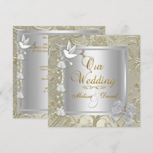 Elegante Hochzeit Gold Silber Weiß Taube Damast Einladung