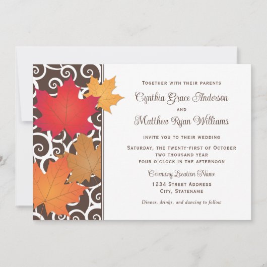 Elegante Hochzeit im Herbst von Herbstblättern und Einladung (Vorderseite)
