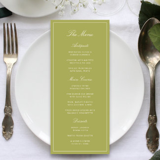 Elegante Hochzeit im Oliven Grün Schriftstil Menükarte