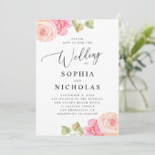 Elegante Hochzeit in Aquarellfarbe Rosa Blütenblüt Einladung (Stehend Vorderseite)