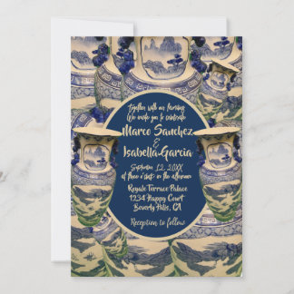 Elegante Hochzeit in Blau und Weiß der Chinoiserie Einladung