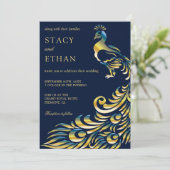 Elegante Hochzeit in Blue und Gold Peacock Einladu Einladung (Stehend Vorderseite)