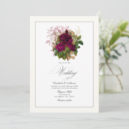 Elegante Hochzeit in Burgund, Gold und Blush Einladung (Stehend Vorderseite)