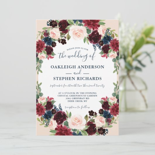 Elegante Hochzeit in Burgund, Navy und Rosa Einladung (Stehend Vorderseite)