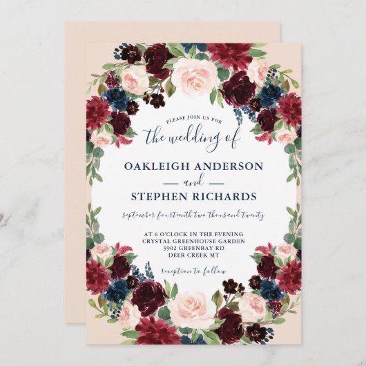 Elegante Hochzeit in Burgund, Navy und Rosa Einladung (Vorne/Hinten)