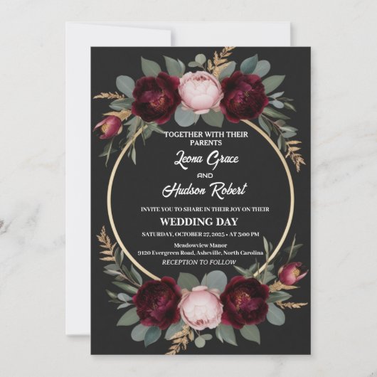 Elegante Hochzeit in Burgund, Schwarz und Gold Einladung (Vorderseite)