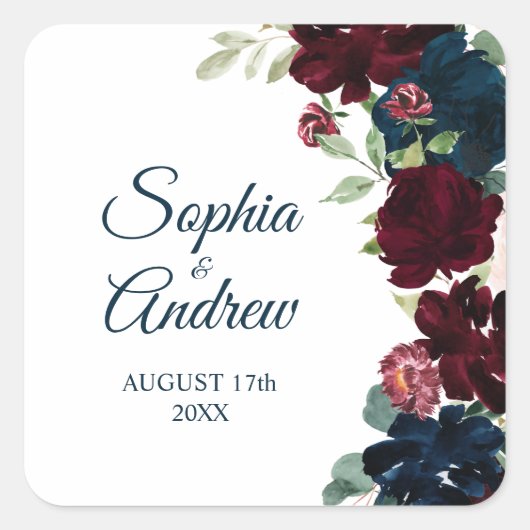 Elegante Hochzeit in Burgund und der Marine Quadratischer Aufkleber (Vorderseite)