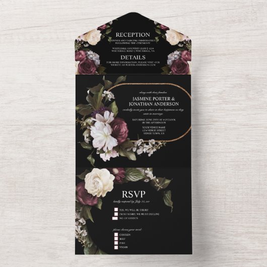 Elegante Hochzeit in Burgund und Rosa All In One Einladung (Innen Boden)