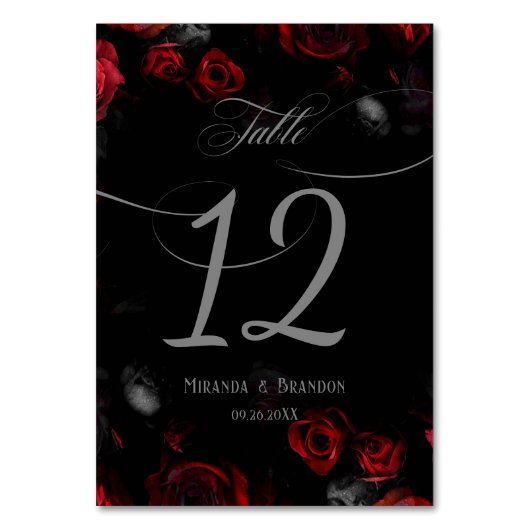 Elegante Hochzeit in Custom Black and Red Floral Tischnummer (Vorderseite)