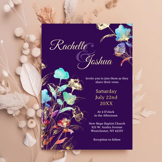 Elegante Hochzeit in Deep Lila und Gold Floral Folieneinladung