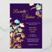 Elegante Hochzeit in Deep Lila und Gold Floral Folieneinladung (Vorderseite)