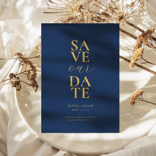 Elegante Hochzeit in der Marine und Gold Minimalis Save The Date