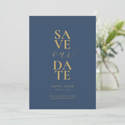 Elegante Hochzeit in der Marine und Gold Minimalis Save The Date (Stehend Vorderseite)