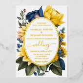 Elegante Hochzeit in Gelb und Blauer Flora Folieneinladung (Vorderseite)