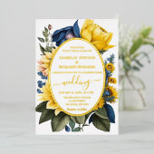 Elegante Hochzeit in Gelb und Blauer Flora Folieneinladung (Stehend vorne)