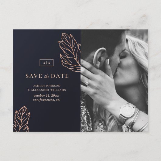 Elegante Hochzeit in Gold. Blau Save the Date Postkarte (Vorderseite)