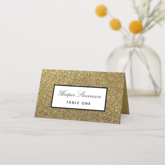 Elegante Hochzeit in Gold und Schwarz Platzkarte (Vorderseite)