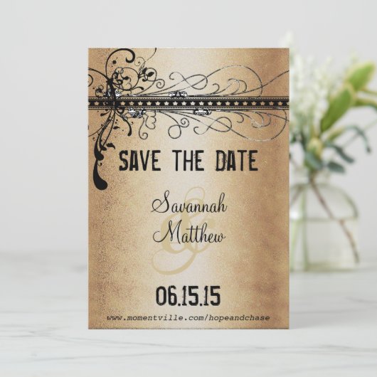 Elegante Hochzeit in Gold und Schwarz Save The Date (Stehend Vorderseite)