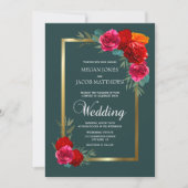 Elegante Hochzeit in Red Aquamarin Gold Floral Einladung (Vorderseite)